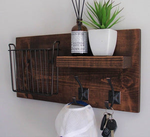 Rustic Entryway Coat Rack Shelf with Magazine Basket and Coat Hooks by KeoDecor