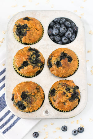 Hearty oatmeal muffins, bursting with sweet blueberries