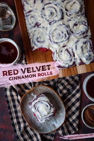These red velvet cinnamon rolls are inspired by red velvet cake! It has a touch of cocoa in the dough and is frosted with a tangy cream cheese frosting.