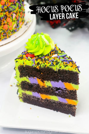 A fun Hocus Pocus recipe perfect for a Halloween party or a family movie night, this Hocus Pocus Cake is colourful and fun – both inside and out!