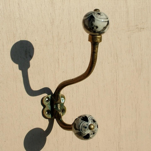 Antique brass effect Double Hook with Ceramic knobs - Black