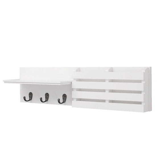 Wall Shelf and Mail Holder with 3 Hooks, 24-Inch by 6-Inch, White