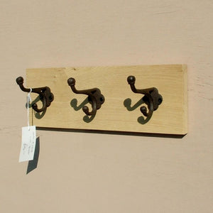 Natural Oak Panel Coat Rack with 3 Cast Iron Hooks