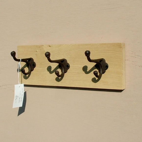 Natural Oak Panel Coat Rack with 3 Cast Iron Hooks