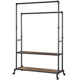 Cheap homissue 72 inch industrial pipe double rail hall tree with shoe storage on wheel 2 shelf rolling clothes rack organizer with 2 hanging rod for garment storage display vintage brown