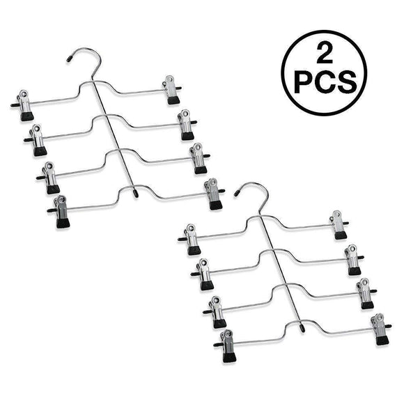 Explore 4 tier pants hanger 2 pack trouser hanger skirt hangers with non slip black vinyl clips heavy duty metal hangers ultra thin space saving clothes hangers to organize closet jeans scarf slacks