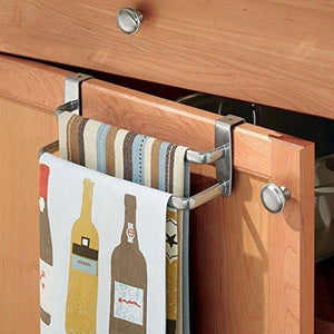 Budget mdesign modern kitchen over cabinet strong steel double towel bar rack hang on inside or outside of doors storage and organization for hand dish tea towels 9 75 wide silver finish