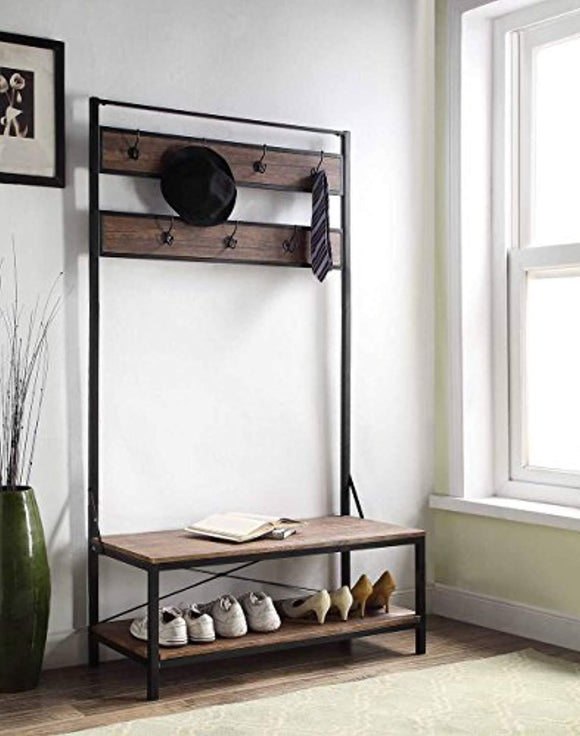 eHomeProducts Vintage Dark Brown Entryway Shoe Bench with Coat Rack Hall Tree Storage Organizer 7 Hooks in Black Metal Finish