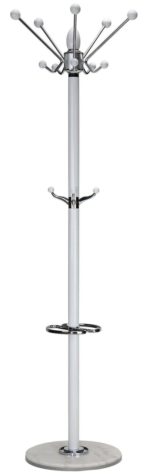 Cortesi Home Lava Coat Rack in White Lacquer Wood and Chrome Accents, White Marble