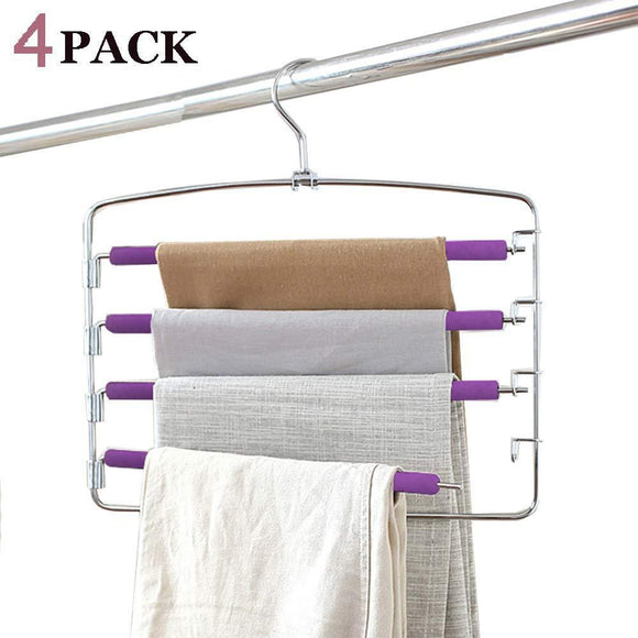 Home clothes pants hangers 2pack multi layers metal pant slack hangers foam padded swing arm pants hangers closet storage organizer for pants jeans scarf hanging purple 4pack