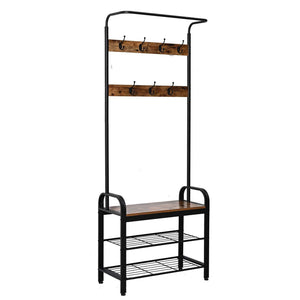 IRONCK Coat Rack Free Standing Hall Tree, Entryway Bench, Entryway Organizer, Vintage Industrial Coat Stand, 3 in 1 Design Wood Look Accent Furniture with Stable Metal Frame Easy Assembly