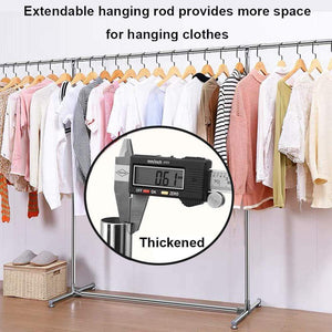 On amazon reliancer heavy duty large garment rack stainless steel clothes drying rack commercial grade extendable 47 77inch clothes rack adjustable clothes hanger rolling rack with 4 casters tool golves 10 hook