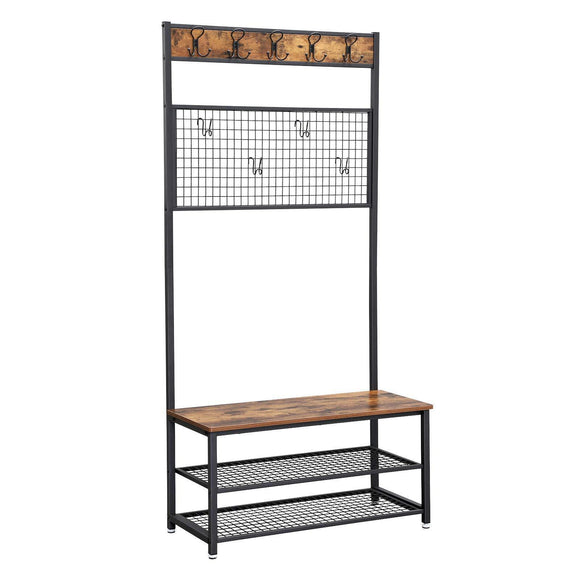VASAGLE Industrial Coat Stand, Shoe Rack Bench with Grid Memo Board, 9 Hooks and Storage Shelves, Hall Tree with Stable Metal Frame, Rustic Brown UHSR46BX