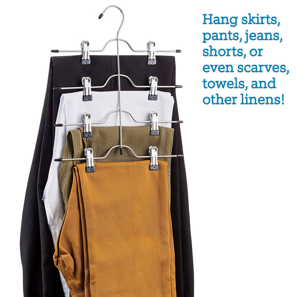 Explore zober space saving 4 tier trouser skirt hanger set of 3 sturdy luxurious chrome with non slip black vinyl clips multi pants hanger for skirts pants slacks jeans and more
