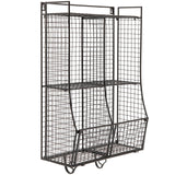 Featured wall mounted collapsible black metal wire mesh storage basket shelf organizer rack w 2 hanging hooks