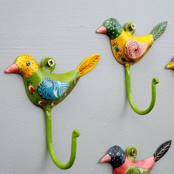 Bright hand painted set of 5 Bird Coat Hooks