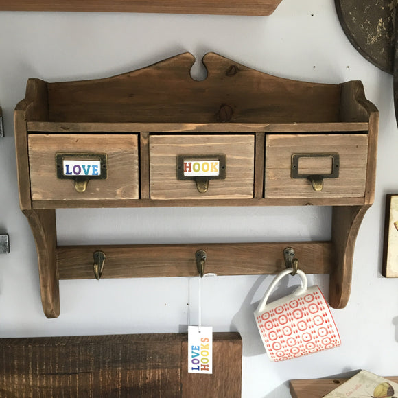 Wood Wall Rack with 3 drawers and 3 hooks