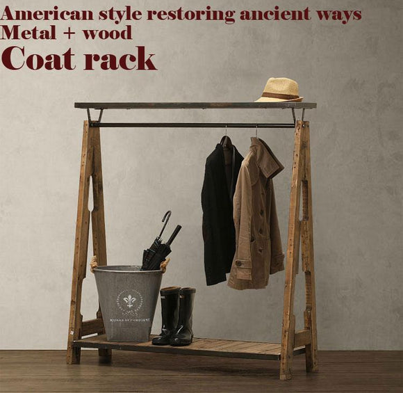 American Pastoral Retro Coat RackNostalgic Style WardrobeClothing Display RackLoftMetalWoodPure Handmade Bedroom Furniture